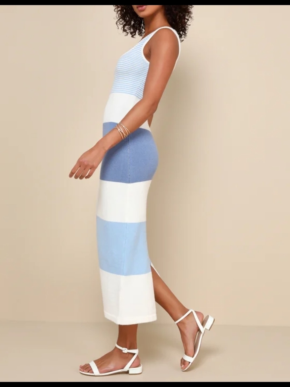Lulu's Light Blue & White Striped Knit Sleeveless Tank Midi Dress Womens Size S - Picture 2 of 11